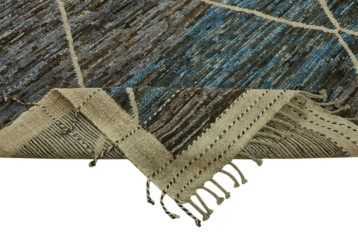 Tribal Modern Dizayn Mavi Pamuk Üzerine Yün El Dokuma Halı-280x363 - Görsel 6