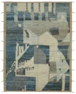 Tribal Modern Dizayn Mavi Pamuk Üzerine Yün El Dokuma Halı-275x365