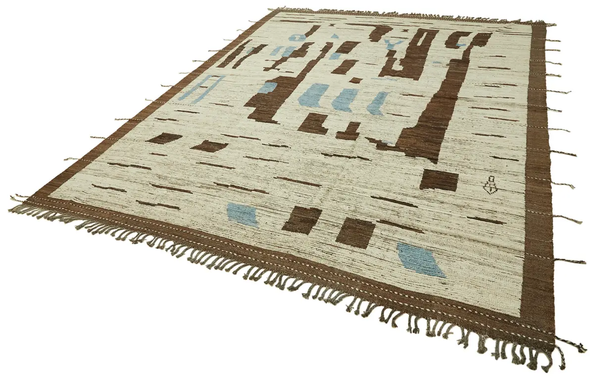 Tribal Modern Dizayn Bej Pamuk Üzerine Yün El Dokuma Halı-274x378 - Görsel 3