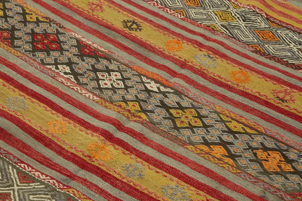 Anadolu Eskitme Multi Renk Pamuk Üzerine Yün El Dokuma Kilim-154x250 - Görsel 5