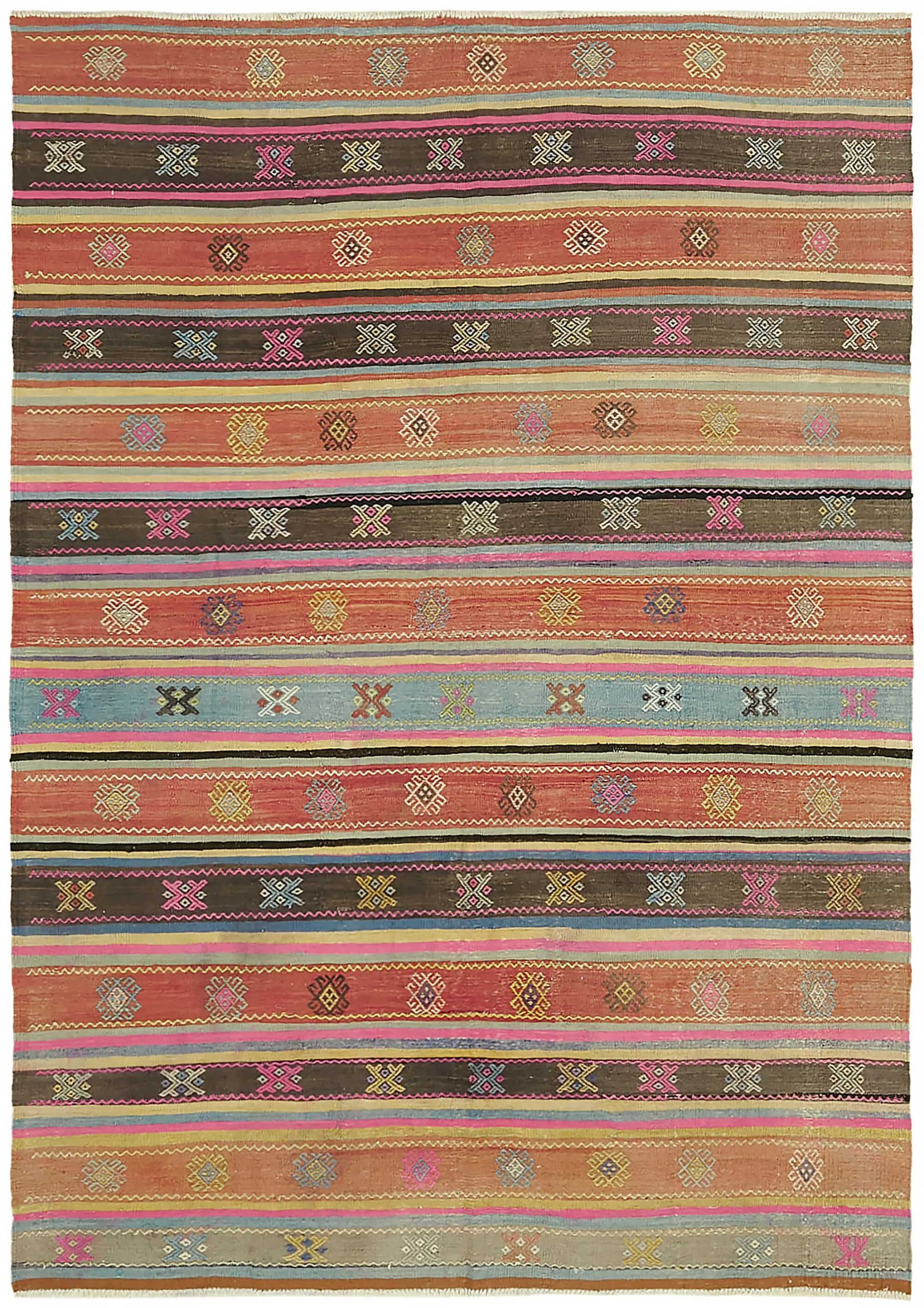 Anadolu Eskitme Multi Renk Pamuk Üzerine Yün El Dokuma Kilim-187x260 - Görsel 1