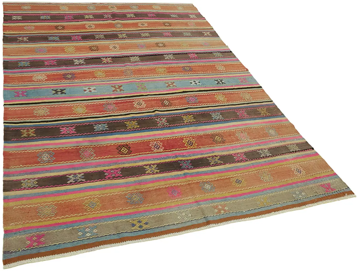Anadolu Eskitme Multi Renk Pamuk Üzerine Yün El Dokuma Kilim-187x260 - Görsel 2