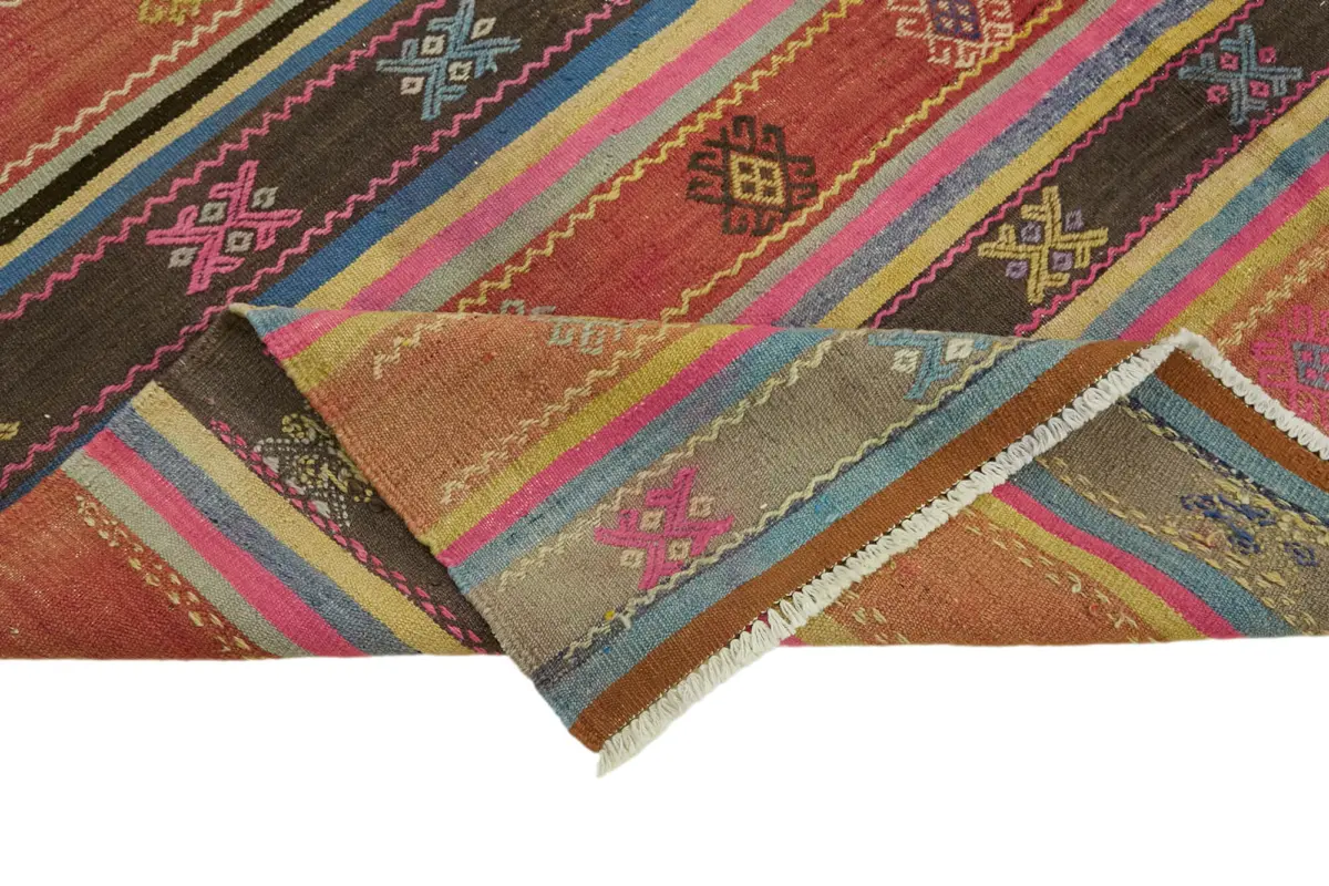 Anadolu Eskitme Multi Renk Pamuk Üzerine Yün El Dokuma Kilim-187x260 - Görsel 6