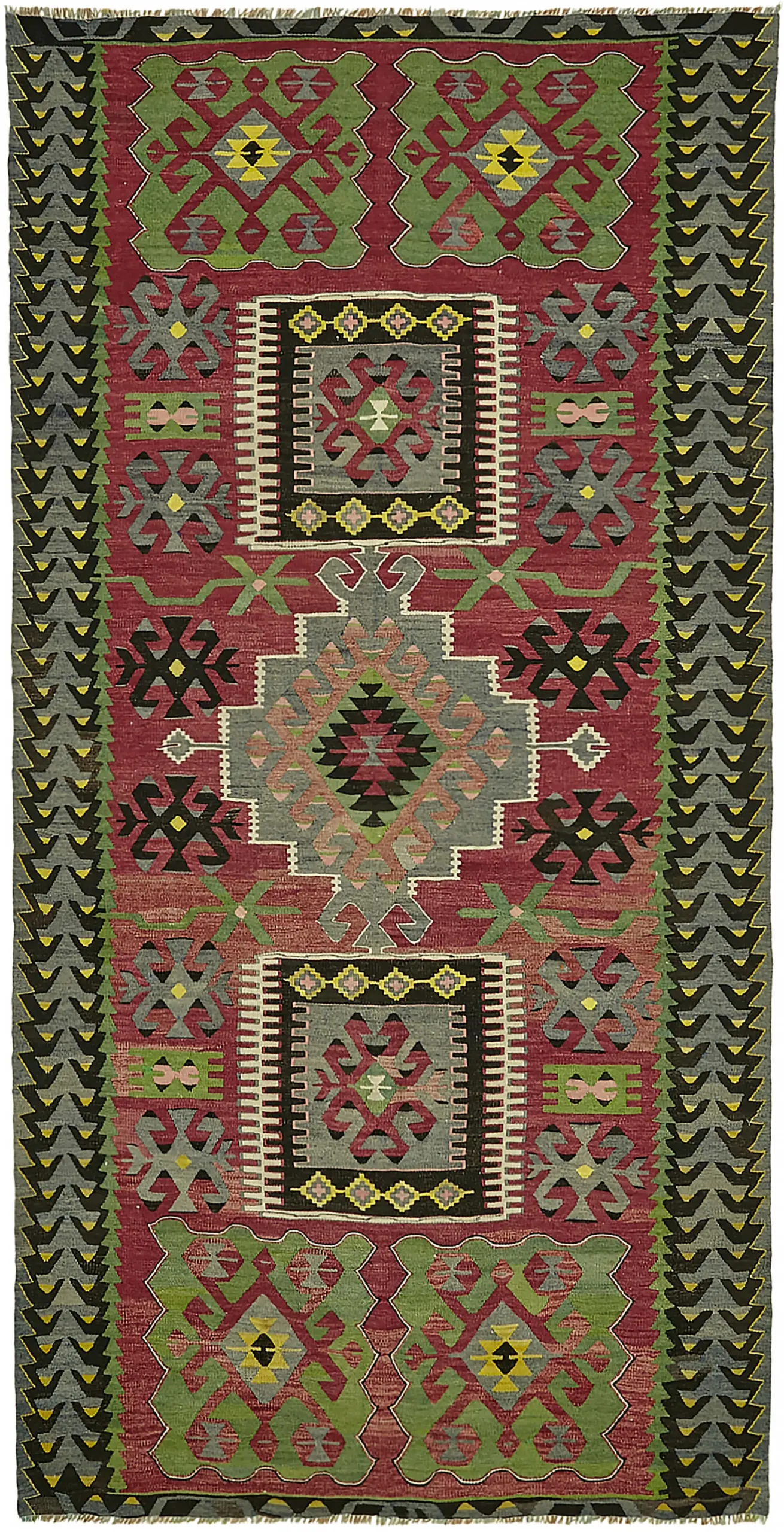 Anadolu Eskitme Multi Renk Pamuk Üzerine Yün El Dokuma Kilim-158x309 - Görsel 1
