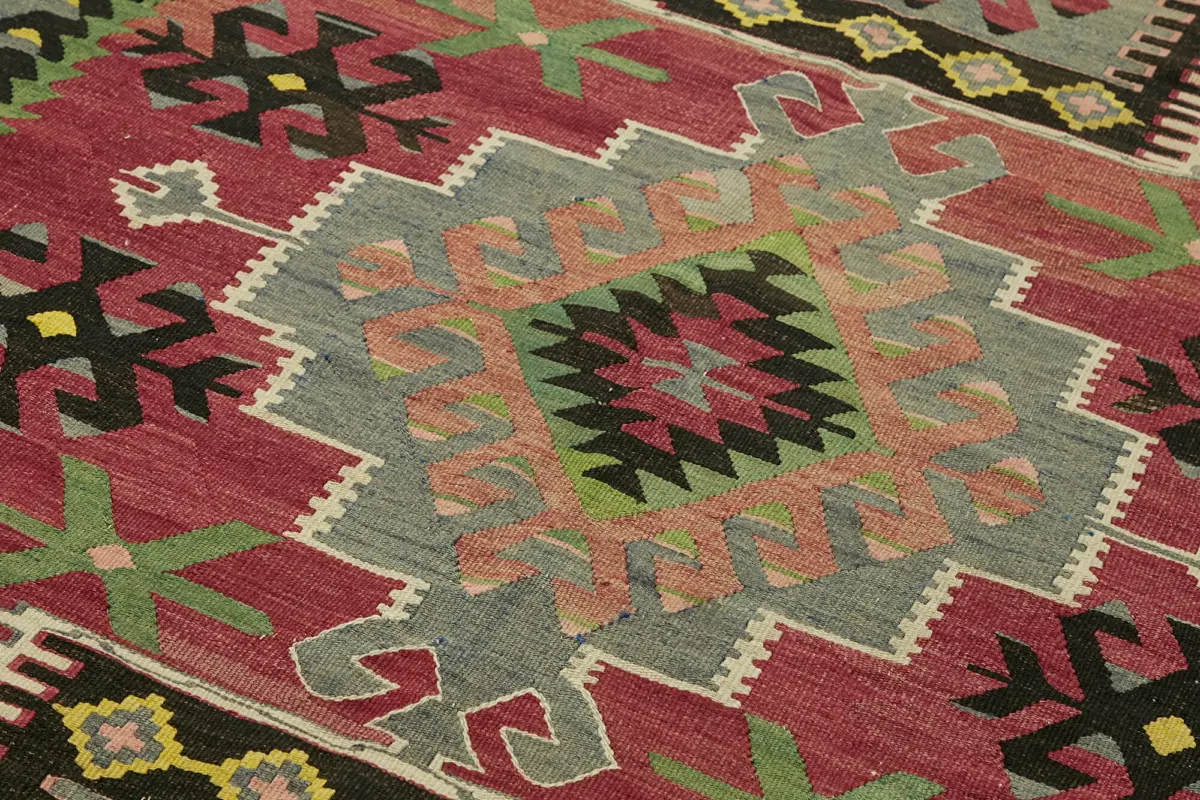 Anadolu Eskitme Multi Renk Pamuk Üzerine Yün El Dokuma Kilim-158x309 - Görsel 5