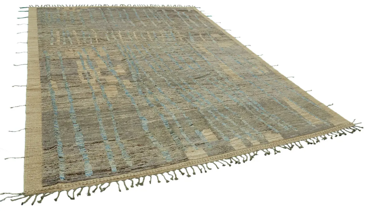 Tribal Modern Dizayn Mavi Pamuk Üzerine Yün El Dokuma Halı-287x364 - Görsel 2