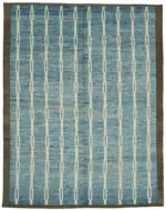 Tribal Modern Dizayn Mavi Pamuk Üzerine Yün El Dokuma Halı-280x362