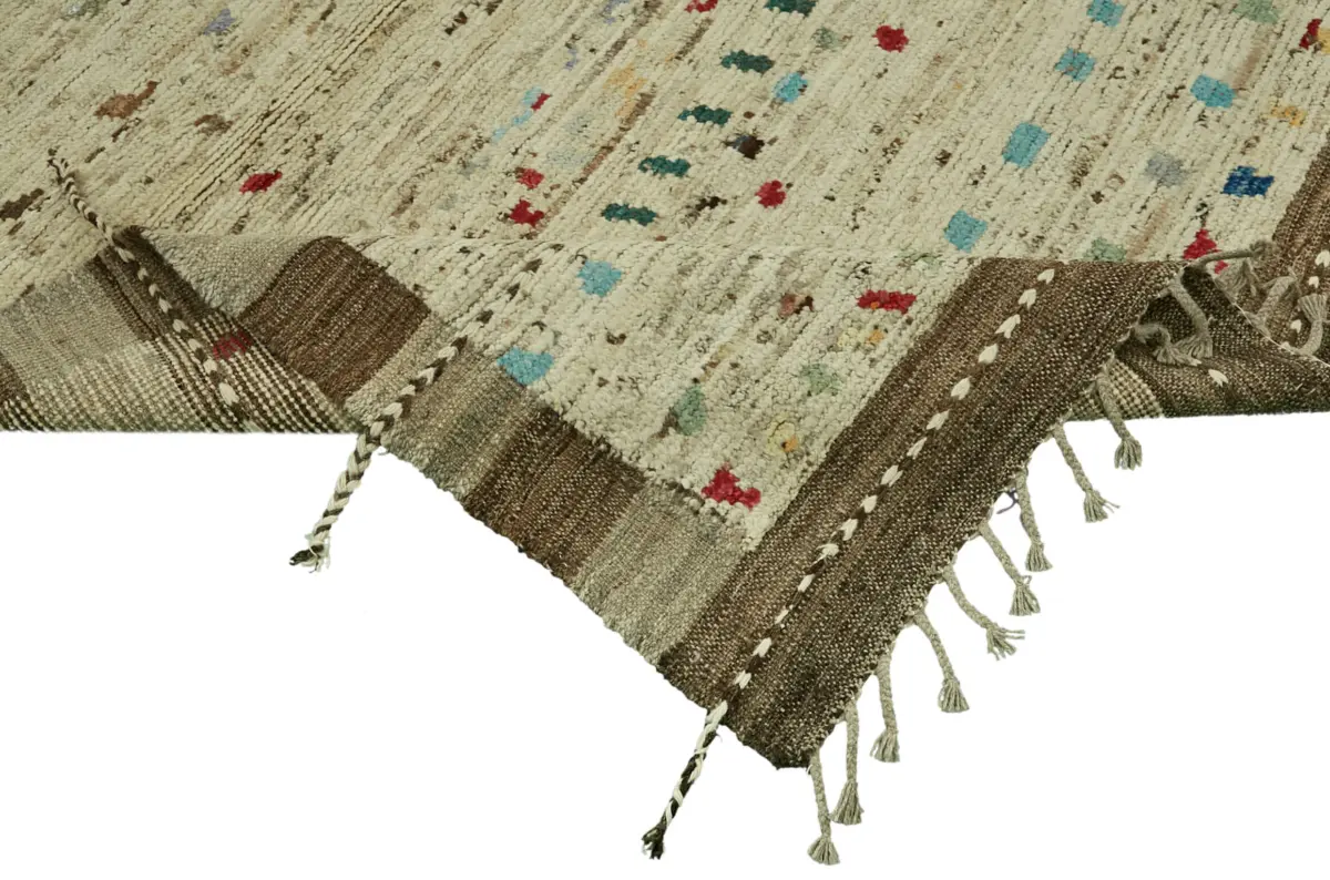 Tribal Modern Dizayn Bej Pamuk Üzerine Yün El Dokuma Halı-278x370 - Görsel 6