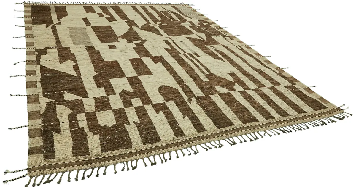 Tribal Modern Dizayn Kahverengi Pamuk Üzerine Yün El Dokuma Halı-280x376 - Görsel 2