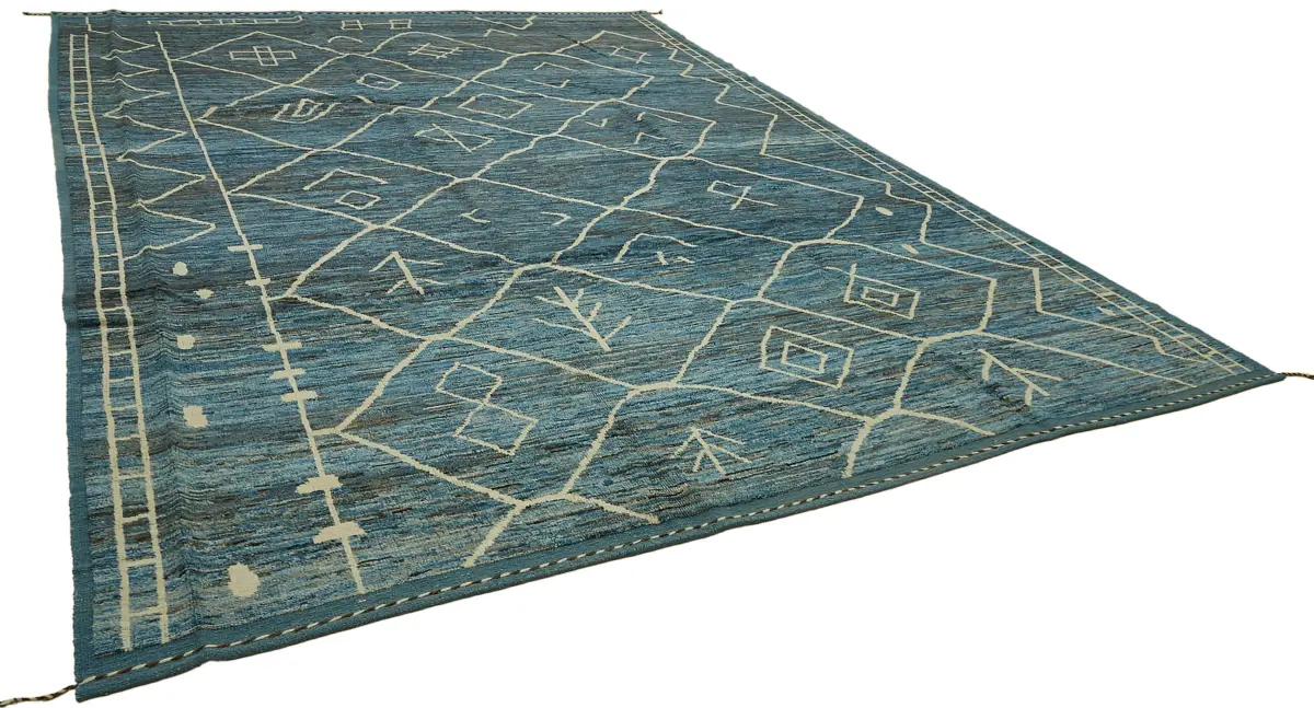 Tribal Modern Dizayn Mavi Pamuk Üzerine Yün El Dokuma Halı-324x426 - Görsel 2