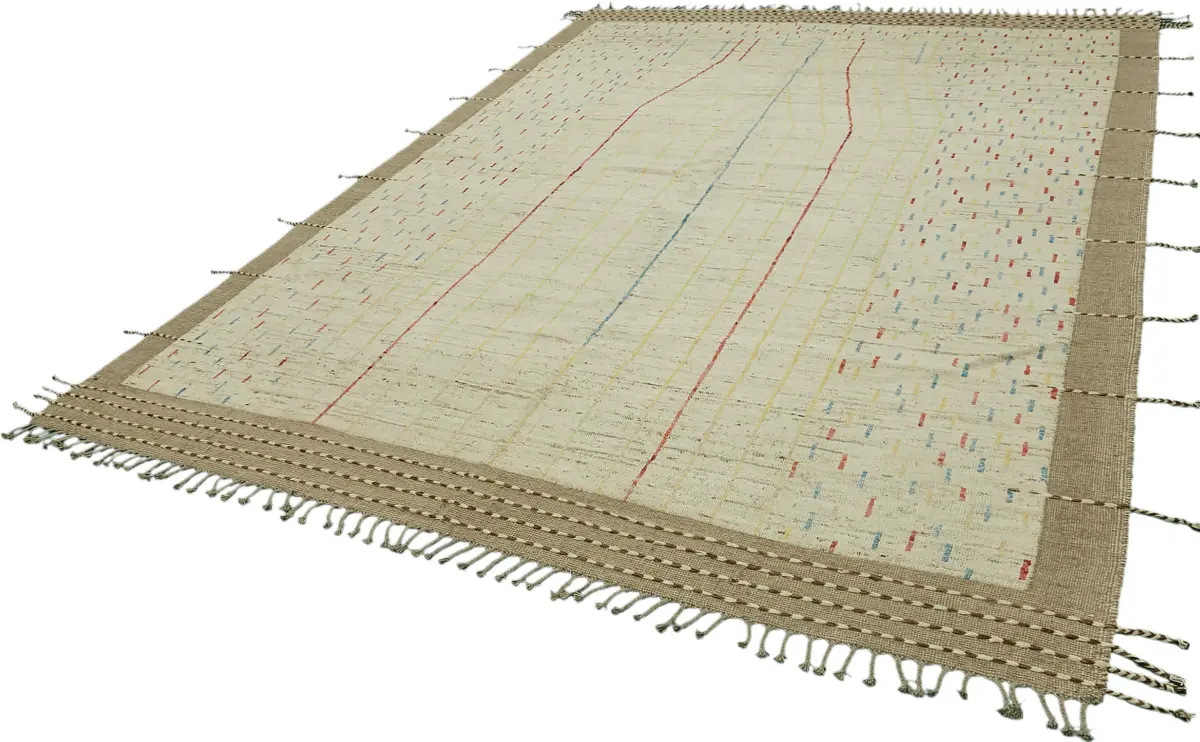 Tribal Modern Dizayn Bej Pamuk Üzerine Yün El Dokuma Halı-280x368 - Görsel 3