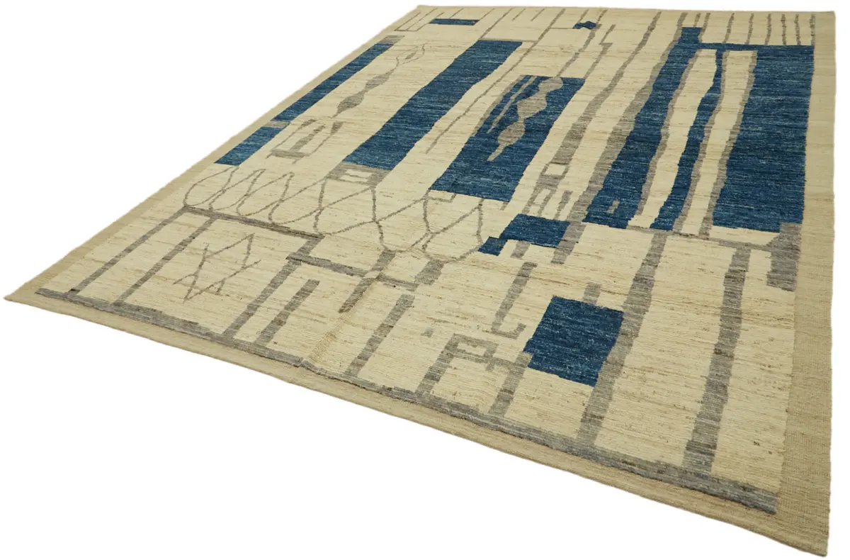 Tribal Modern Dizayn Bej Pamuk Üzerine Yün El Dokuma Halı-280x370 - Görsel 3