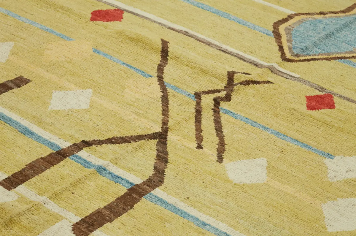 Tribal Modern Dizayn Sarı Pamuk Üzerine Yün El Dokuma Halı-296x362 - Görsel 5