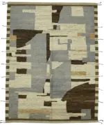 Tribal Modern Dizayn Bej Pamuk Üzerine Yün El Dokuma Halı-280x360