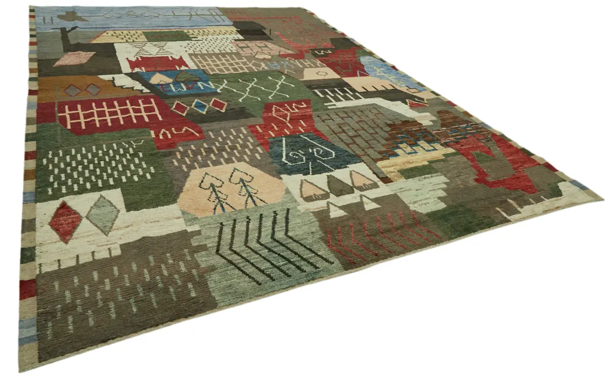 Tribal Modern Dizayn Multi Pamuk Üzerine Yün El Dokuma Halı-303x420 - Görsel 2