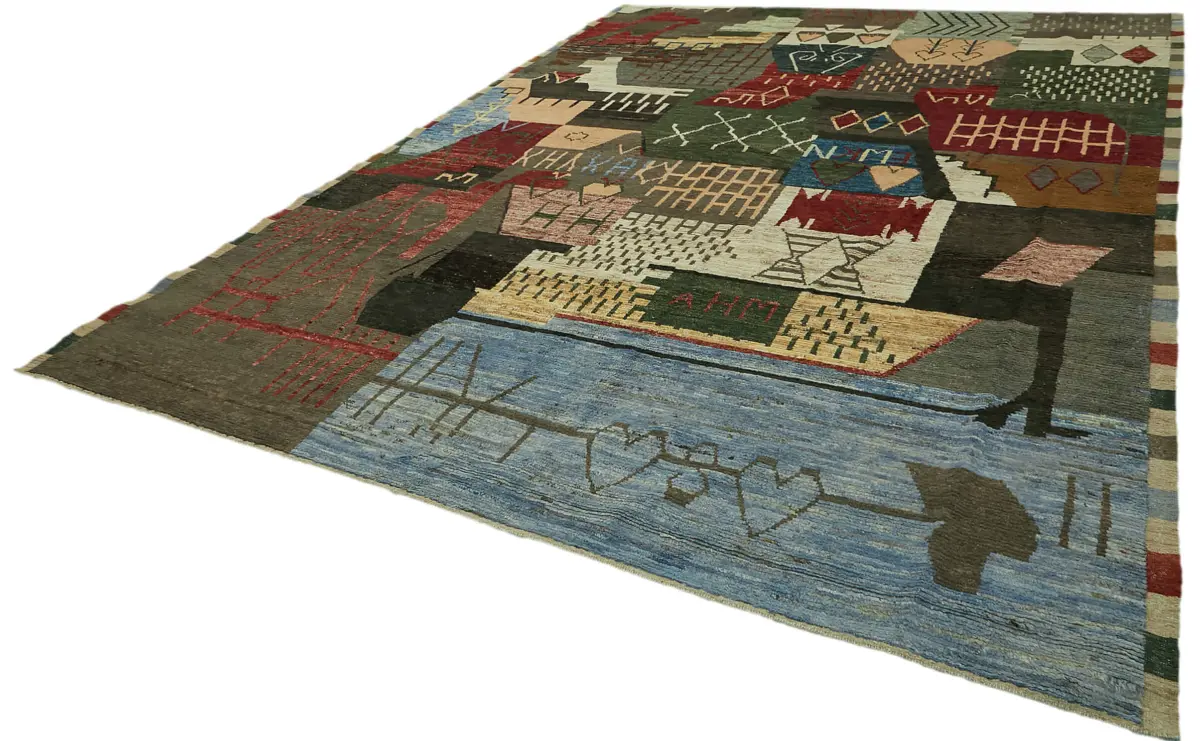 Tribal Modern Dizayn Multi Pamuk Üzerine Yün El Dokuma Halı-303x420 - Görsel 3