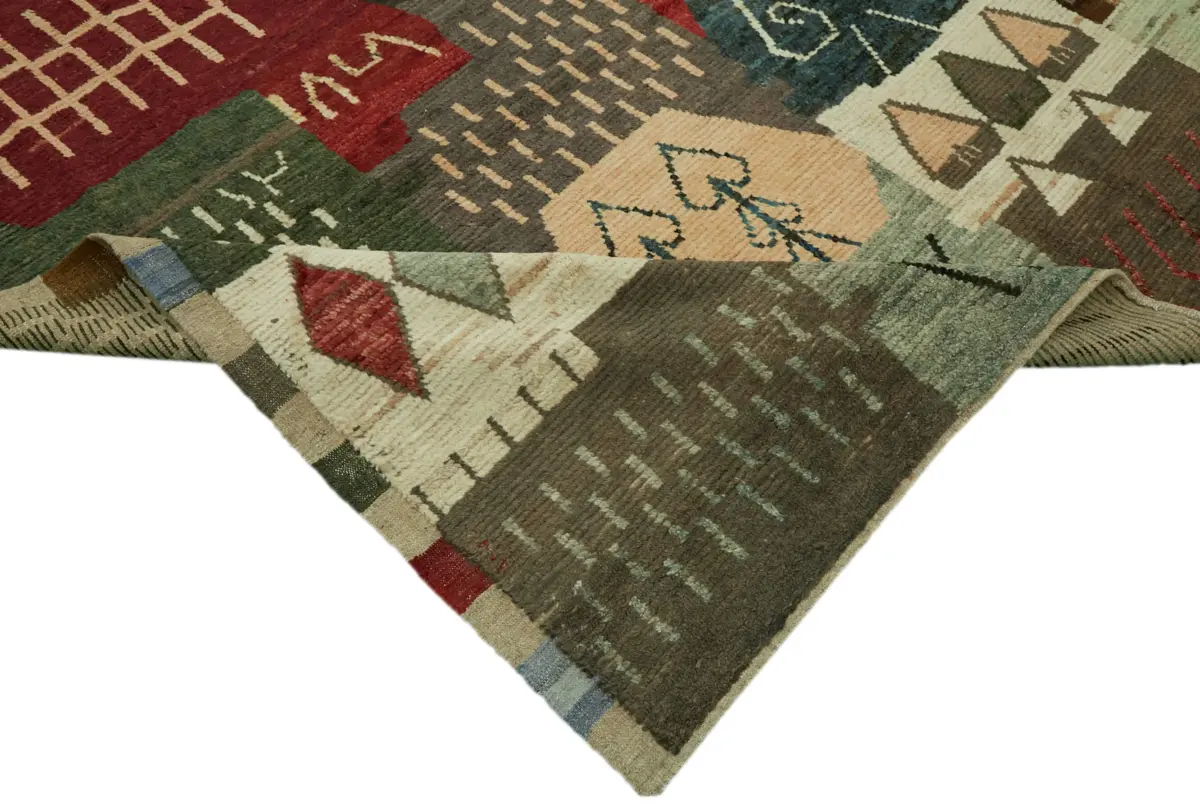 Tribal Modern Dizayn Multi Pamuk Üzerine Yün El Dokuma Halı-303x420 - Görsel 6