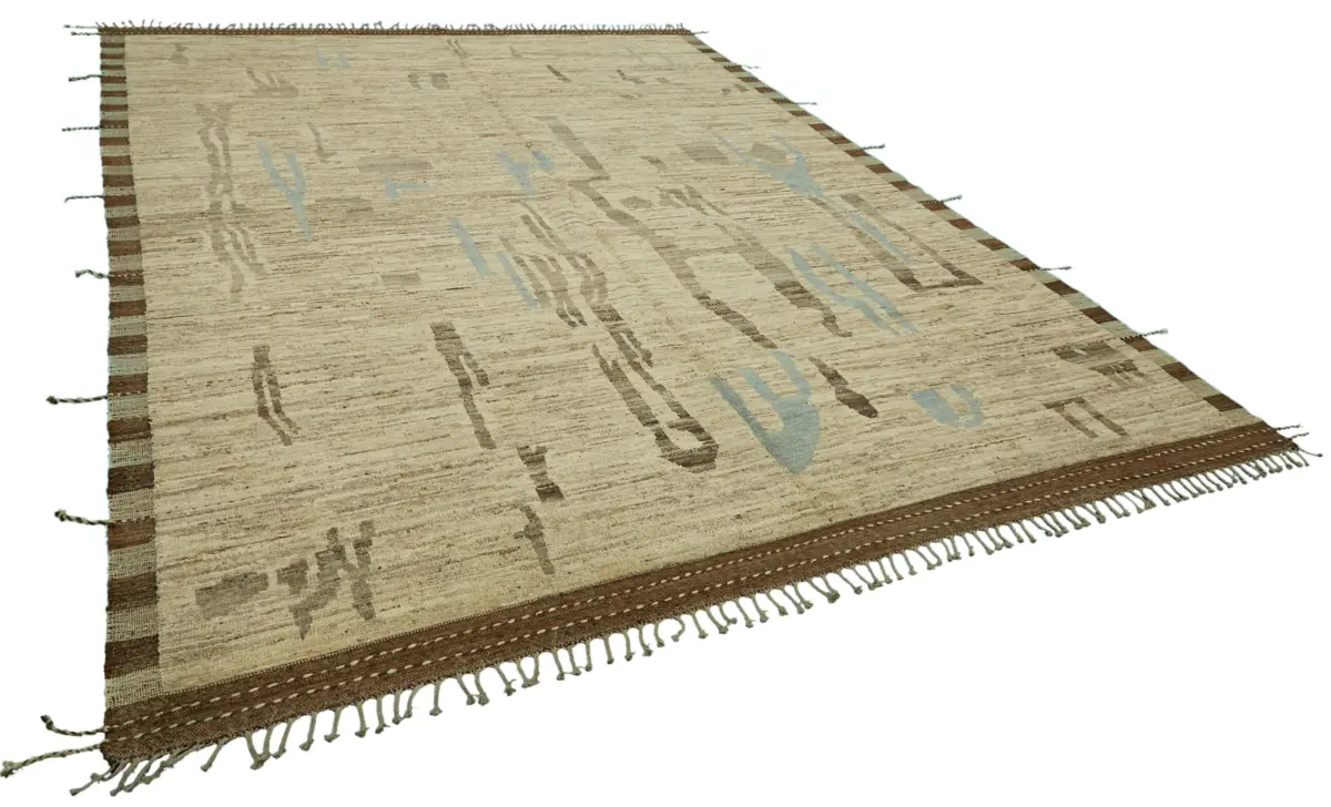 Tribal Modern Dizayn Bej Pamuk Üzerine Yün El Dokuma Halı-284x372 - Görsel 2