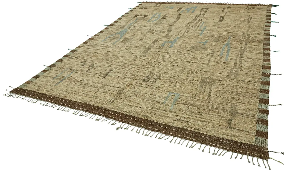 Tribal Modern Dizayn Bej Pamuk Üzerine Yün El Dokuma Halı-284x372 - Görsel 3