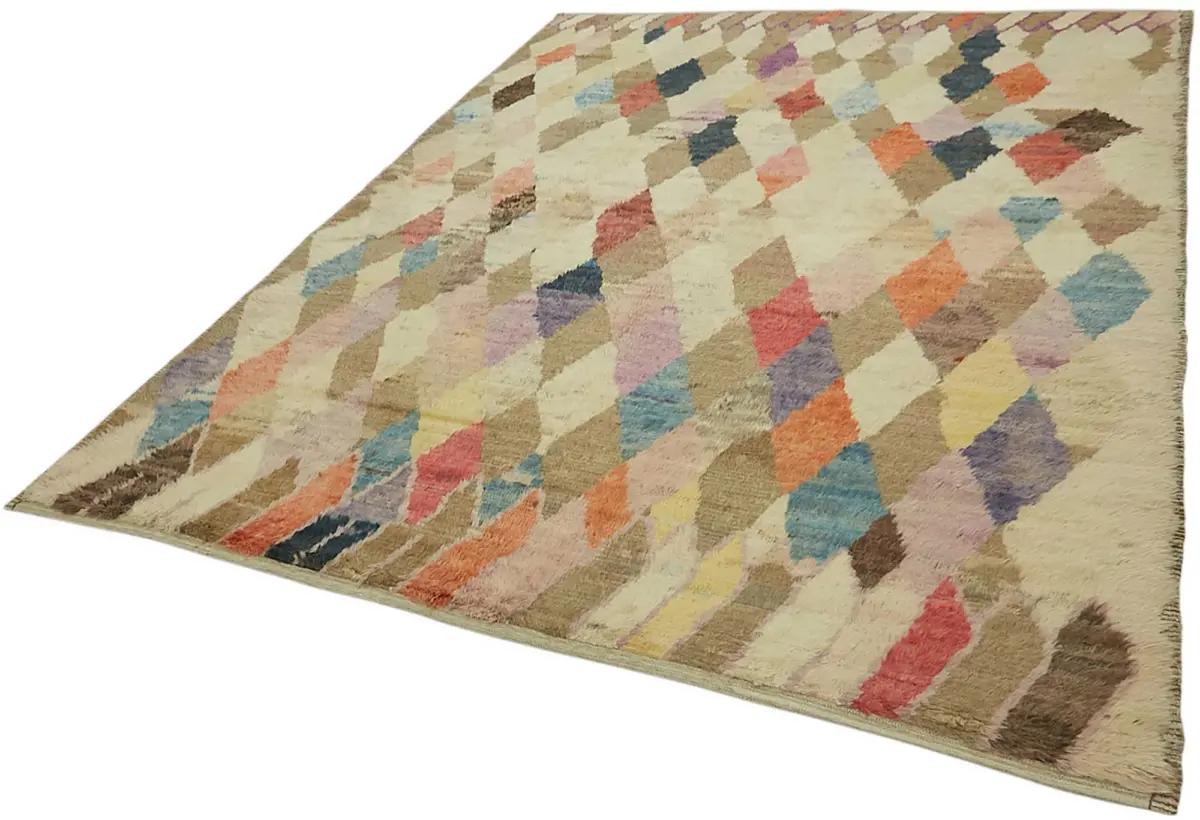 Tribal Modern Dizayn Multi Pamuk Üzerine Yün El Dokuma Halı-243x310 - Görsel 3