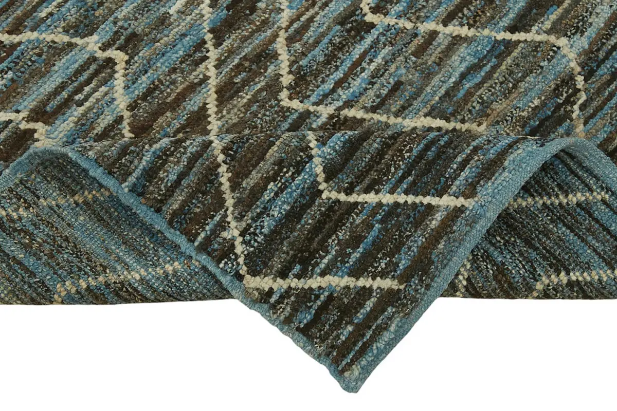 Tribal Modern Dizayn Mavi Pamuk Üzerine Yün El Dokuma Halı-090x290 - Görsel 6