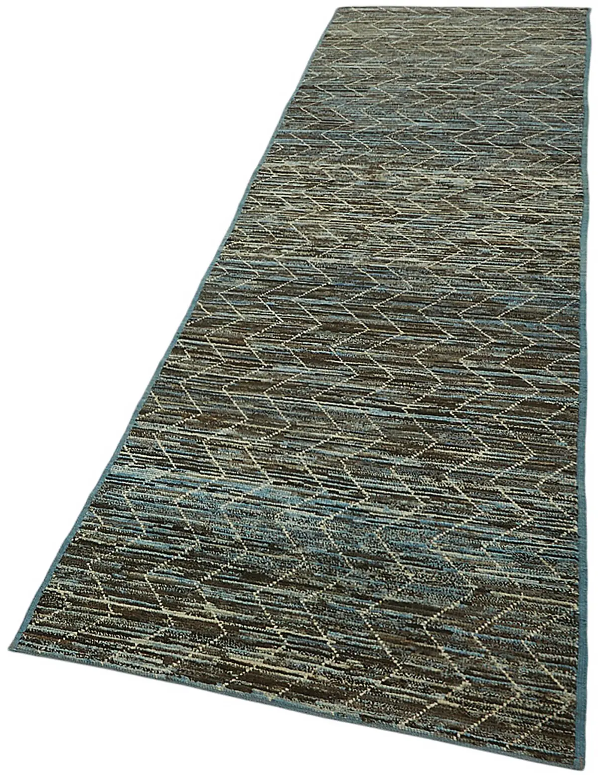 Tribal Modern Dizayn Mavi Pamuk Üzerine Yün El Dokuma Halı-090x320 - Görsel 3