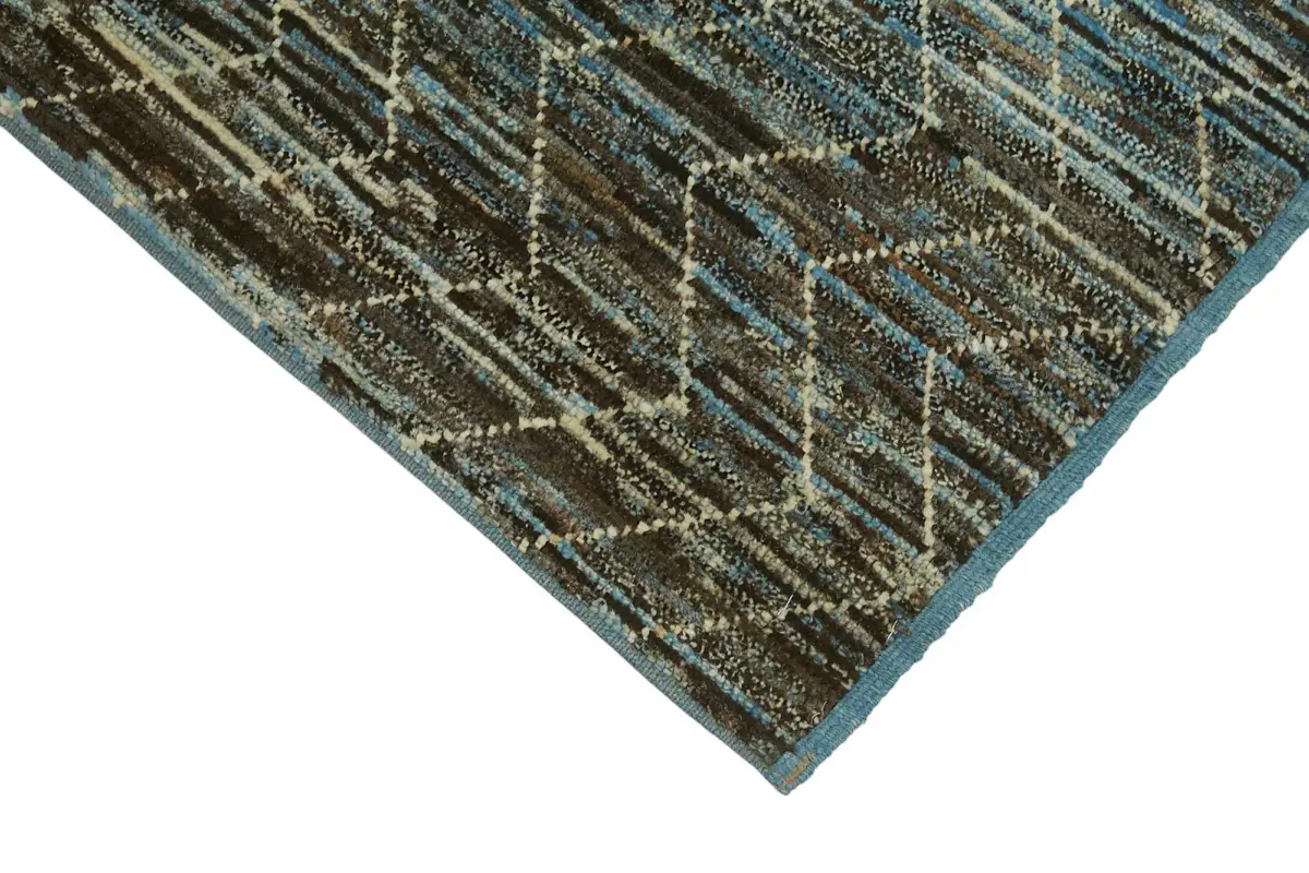 Tribal Modern Dizayn Mavi Pamuk Üzerine Yün El Dokuma Halı-090x320 - Görsel 4