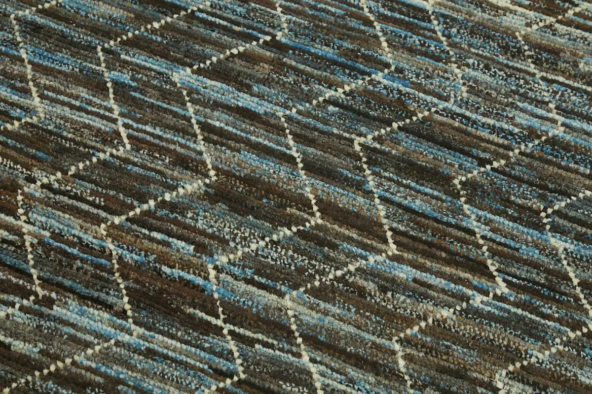 Tribal Modern Dizayn Mavi Pamuk Üzerine Yün El Dokuma Halı-090x320 - Görsel 5