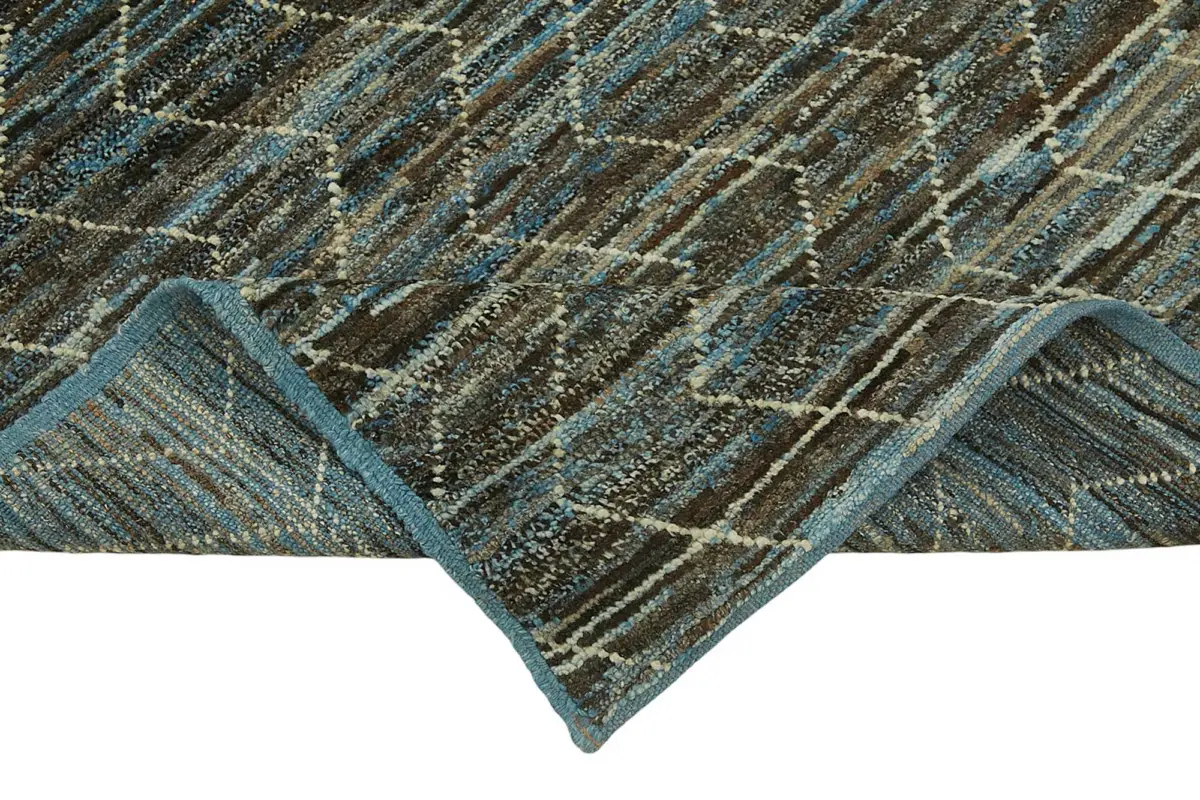 Tribal Modern Dizayn Mavi Pamuk Üzerine Yün El Dokuma Halı-090x320 - Görsel 6
