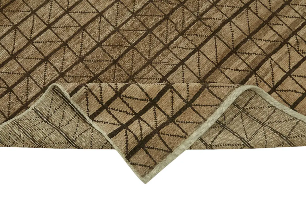 Tribal Modern Dizayn Kahverengi Pamuk Üzerine Yün El Dokuma Halı-152x320 - Görsel 6