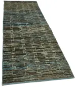 Tribal Modern Dizayn Mavi Pamuk Üzerine Yün El Dokuma Halı-100x299 - Görsel 2