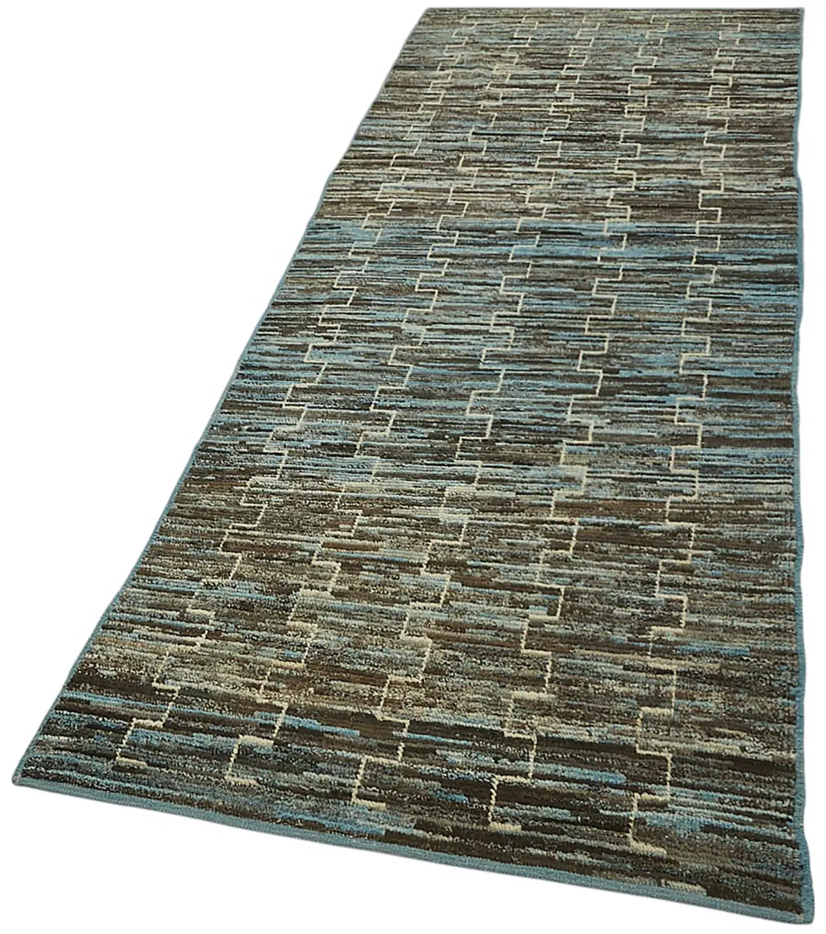 Tribal Modern Dizayn Mavi Pamuk Üzerine Yün El Dokuma Halı-100x299 - Görsel 3