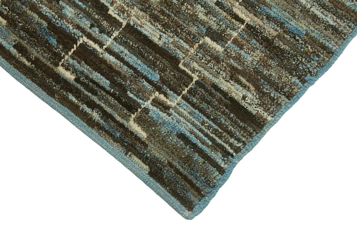 Tribal Modern Dizayn Mavi Pamuk Üzerine Yün El Dokuma Halı-100x299 - Görsel 4