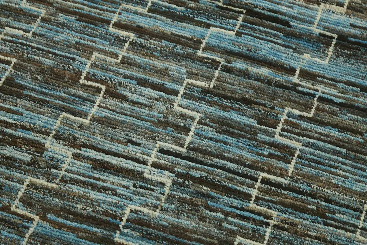 Tribal Modern Dizayn Mavi Pamuk Üzerine Yün El Dokuma Halı-100x299 - Görsel 5