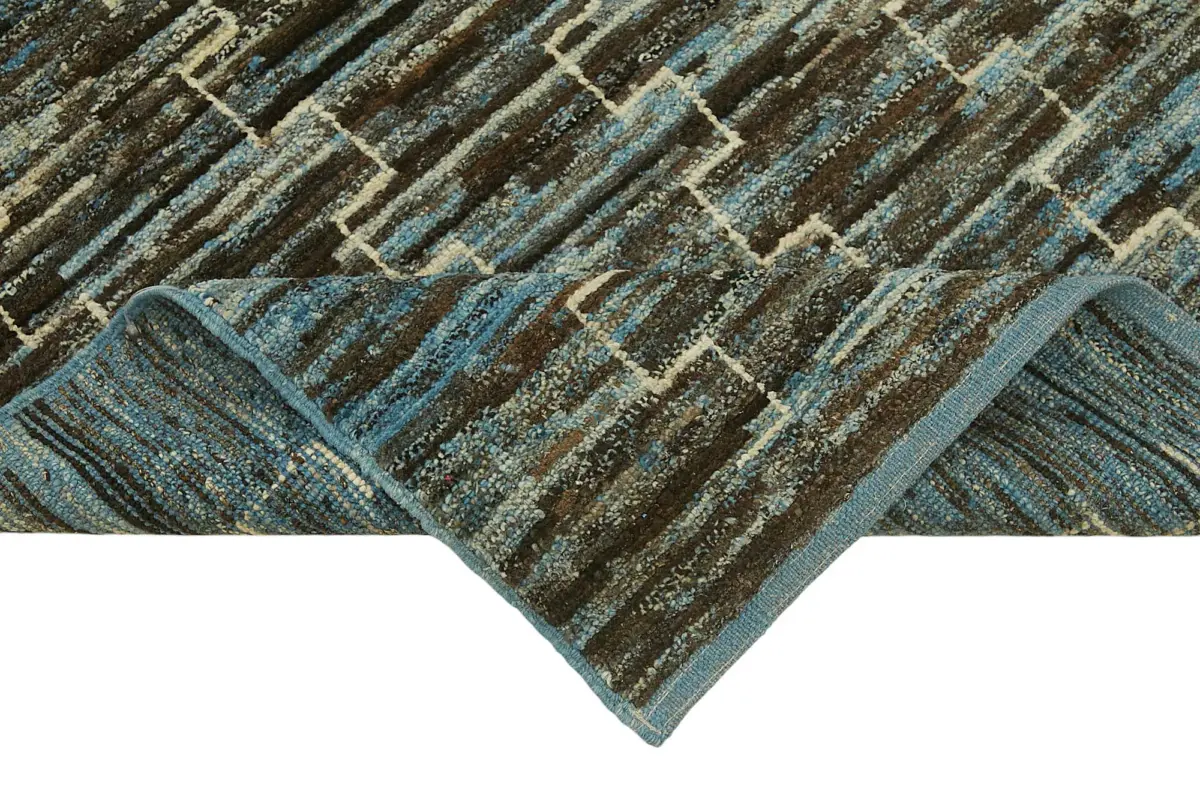 Tribal Modern Dizayn Mavi Pamuk Üzerine Yün El Dokuma Halı-100x299 - Görsel 6