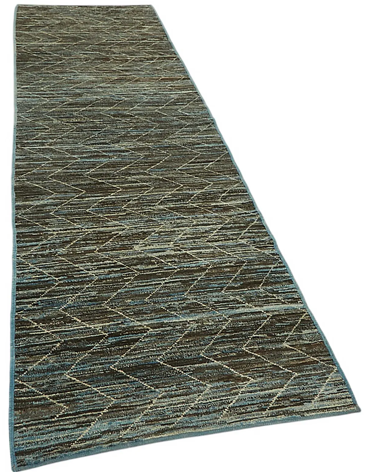 Tribal Modern Dizayn Mavi Pamuk Üzerine Yün El Dokuma Halı-086x335 - Görsel 2