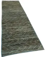 Tribal Modern Dizayn Mavi Pamuk Üzerine Yün El Dokuma Halı-086x335 - Görsel 2