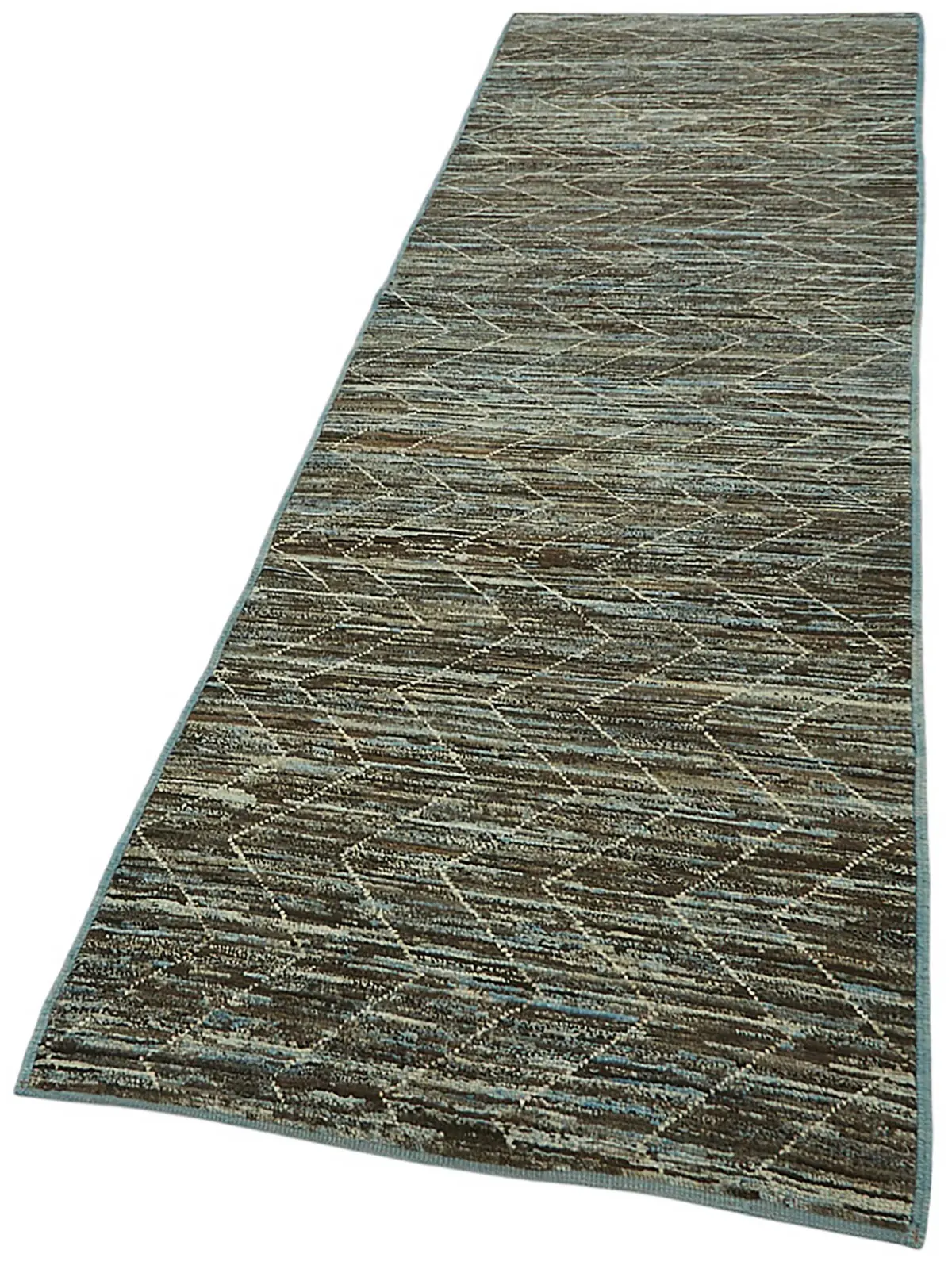 Tribal Modern Dizayn Mavi Pamuk Üzerine Yün El Dokuma Halı-086x335 - Görsel 3