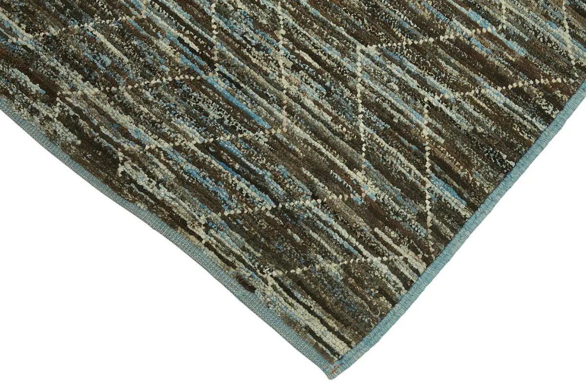 Tribal Modern Dizayn Mavi Pamuk Üzerine Yün El Dokuma Halı-086x335 - Görsel 4