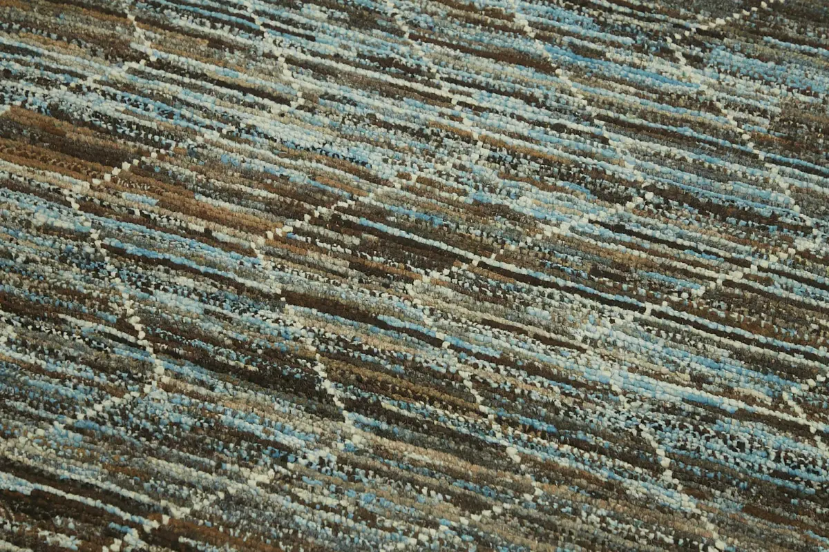 Tribal Modern Dizayn Mavi Pamuk Üzerine Yün El Dokuma Halı-086x335 - Görsel 5