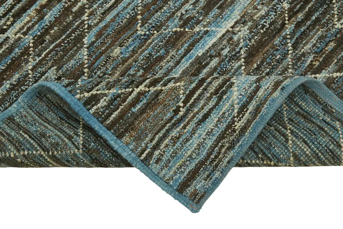 Tribal Modern Dizayn Mavi Pamuk Üzerine Yün El Dokuma Halı-086x335 - Görsel 6