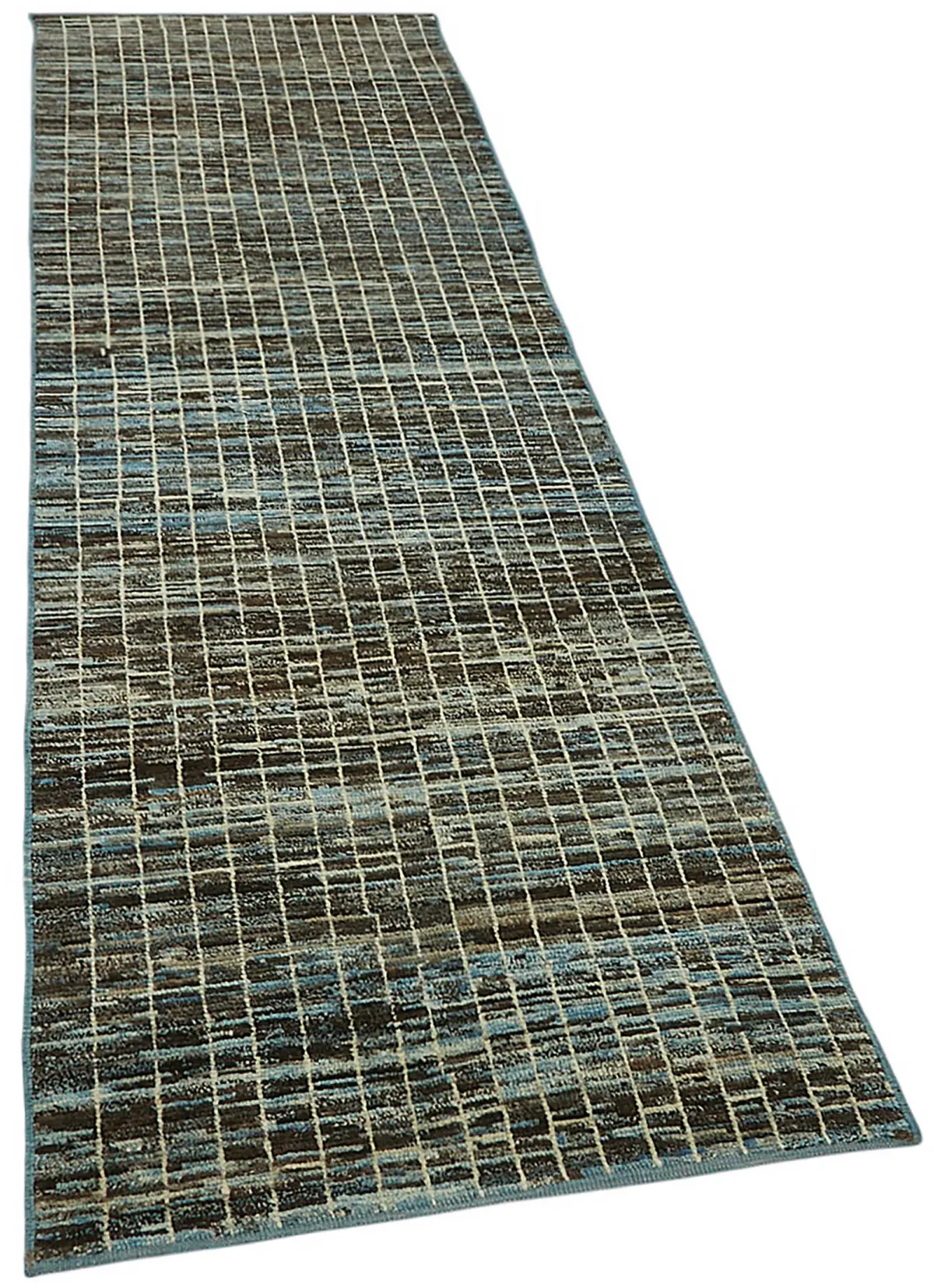 Tribal Modern Dizayn Mavi Pamuk Üzerine Yün El Dokuma Halı-084x290 - Görsel 2