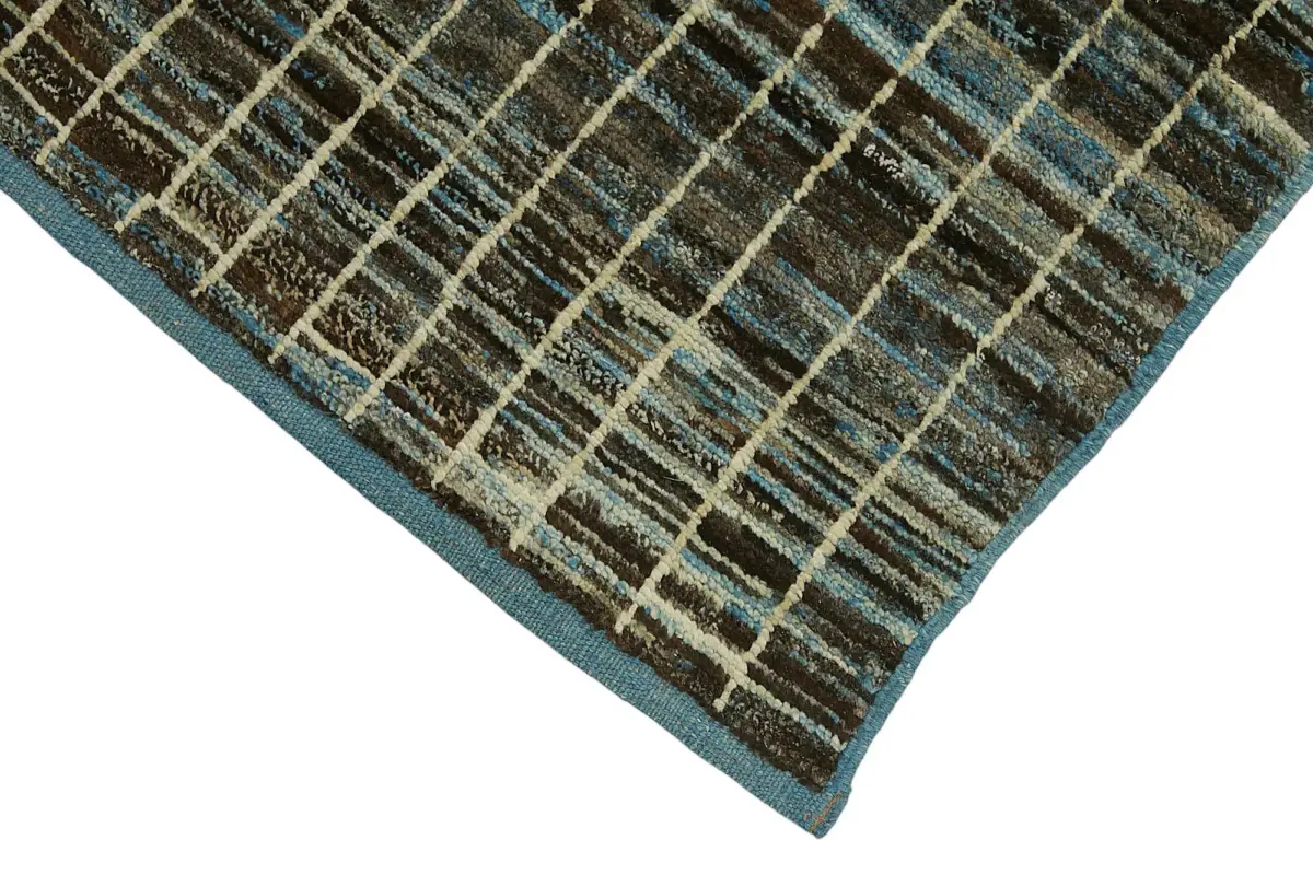 Tribal Modern Dizayn Mavi Pamuk Üzerine Yün El Dokuma Halı-084x290 - Görsel 4