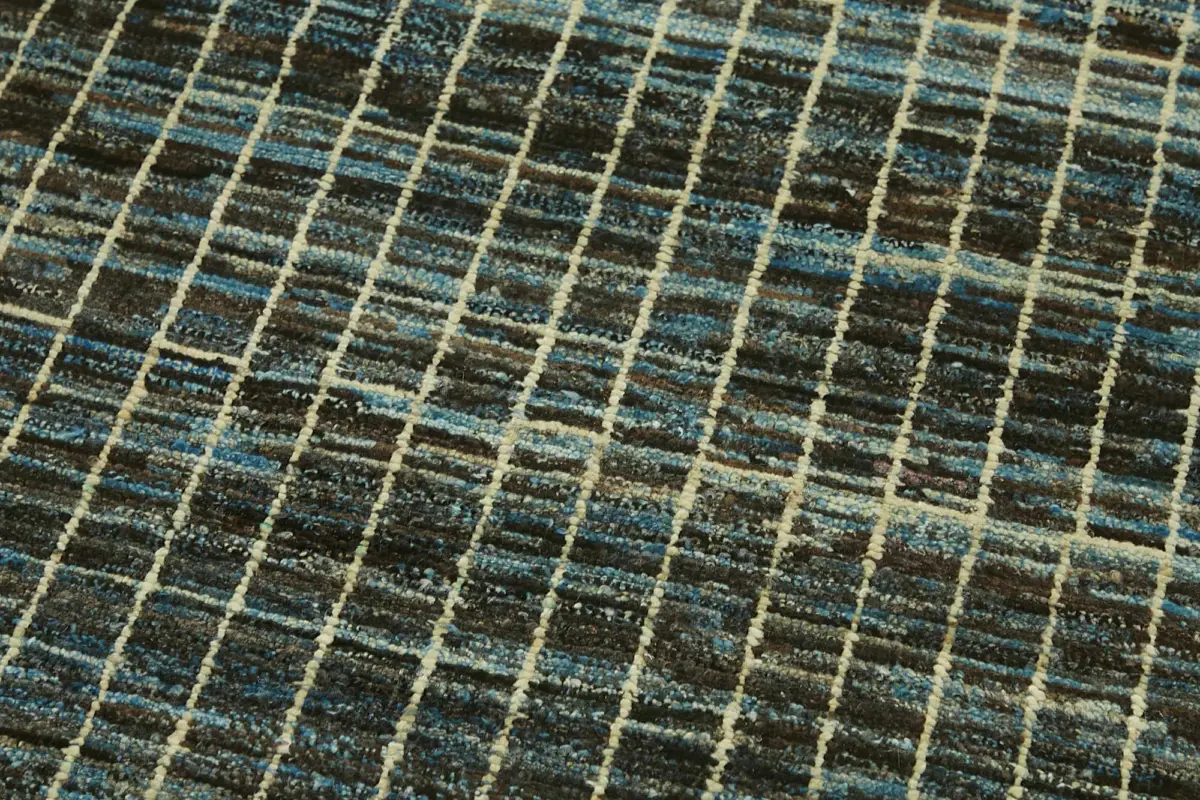 Tribal Modern Dizayn Mavi Pamuk Üzerine Yün El Dokuma Halı-084x290 - Görsel 5