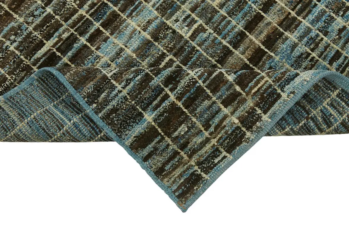 Tribal Modern Dizayn Mavi Pamuk Üzerine Yün El Dokuma Halı-084x290 - Görsel 6