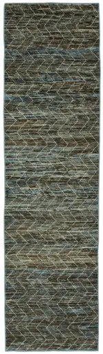 Tribal Modern Dizayn Mavi Pamuk Üzerine Yün El Dokuma Halı-092x344