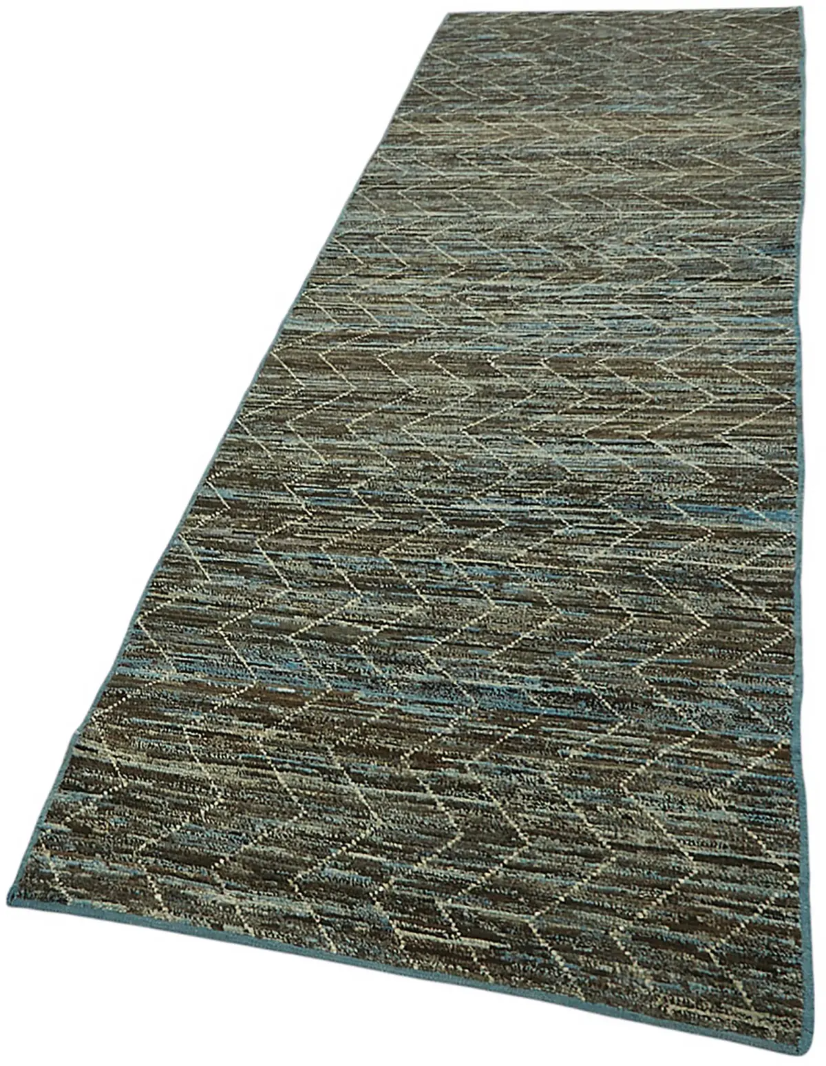 Tribal Modern Dizayn Mavi Pamuk Üzerine Yün El Dokuma Halı-092x344 - Görsel 3