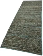 Tribal Modern Dizayn Mavi Pamuk Üzerine Yün El Dokuma Halı-092x344 - Görsel 3