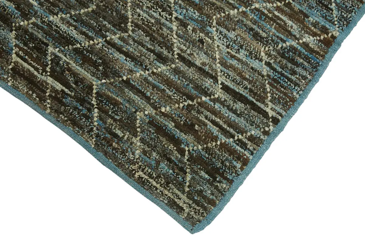 Tribal Modern Dizayn Mavi Pamuk Üzerine Yün El Dokuma Halı-092x344 - Görsel 4