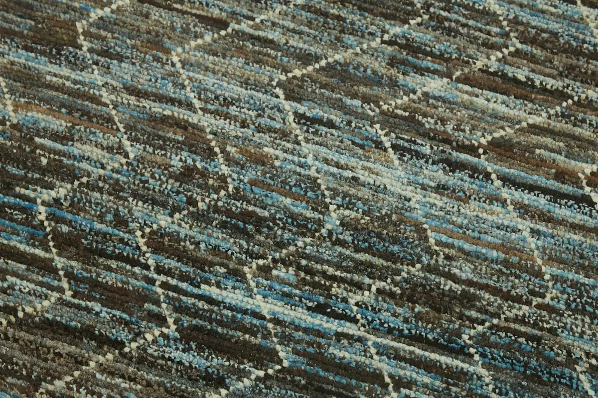 Tribal Modern Dizayn Mavi Pamuk Üzerine Yün El Dokuma Halı-092x344 - Görsel 5